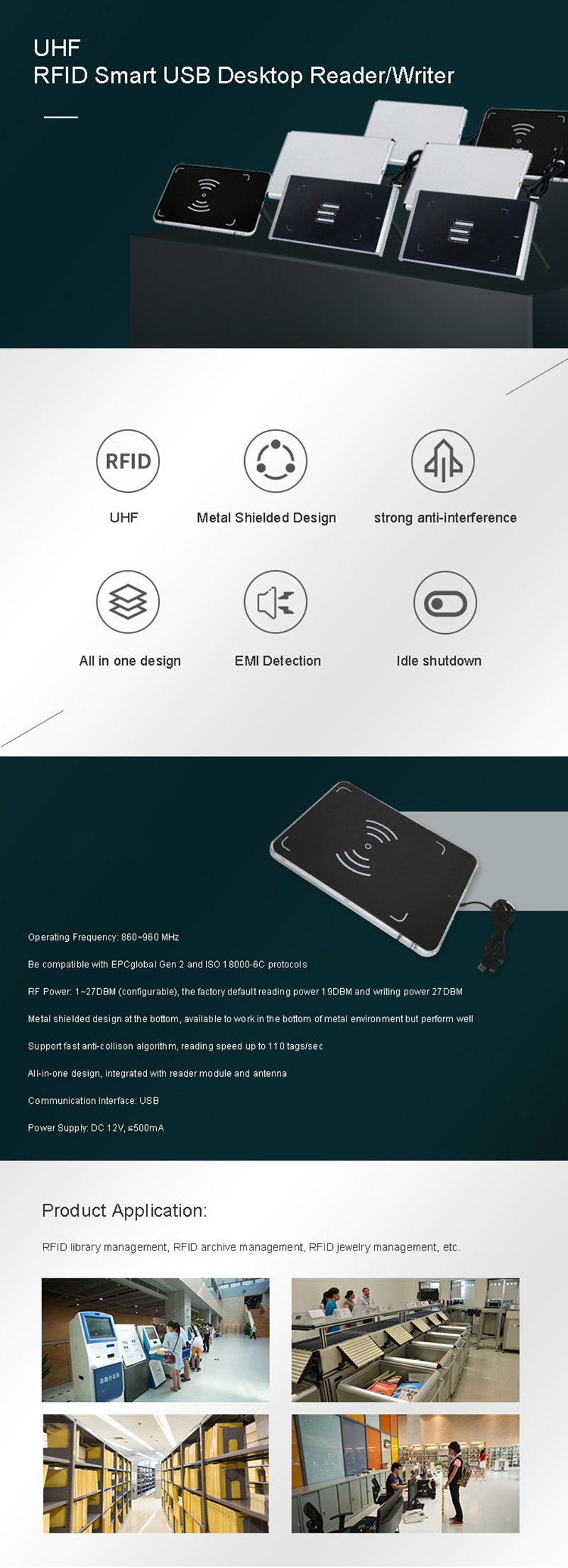 UHF RFID Smart USB stolná čítačka/zapisovačka