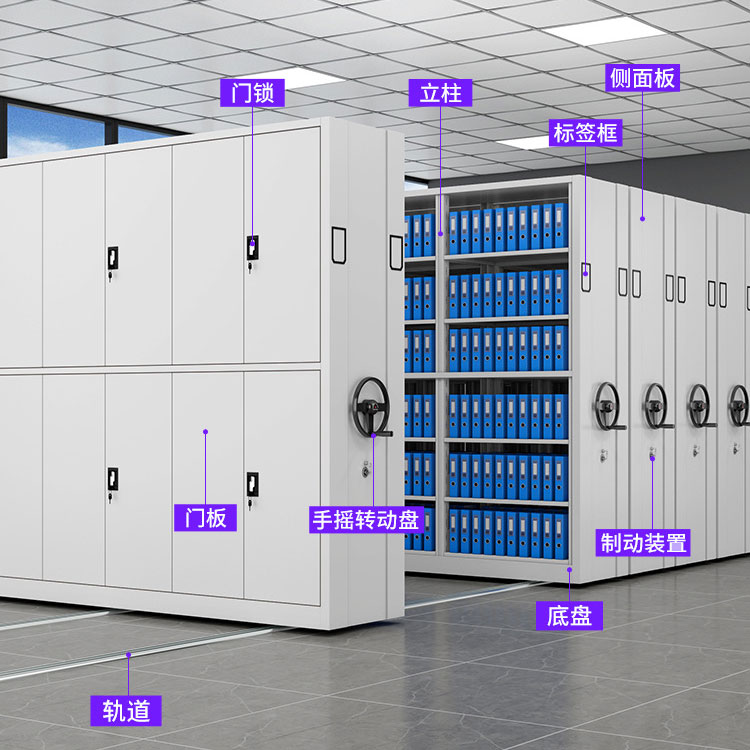 Inteligentná archívna miestnosť RFID Kompaktný regál ručná kľuková dráha pohyblivá RFID Smart kartotéka oceľová elektrická inteligentná kompaktná skriňa 2