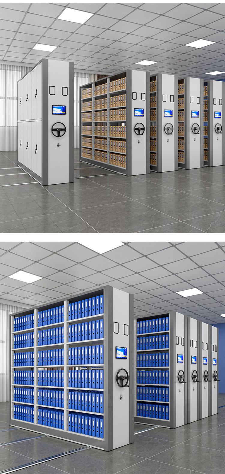 Inteligentná archívna miestnosť RFID Kompaktný regál ručná kľuková dráha pohyblivá RFID Smart kartotéka oceľová elektrická inteligentná kompaktná skriňa 5